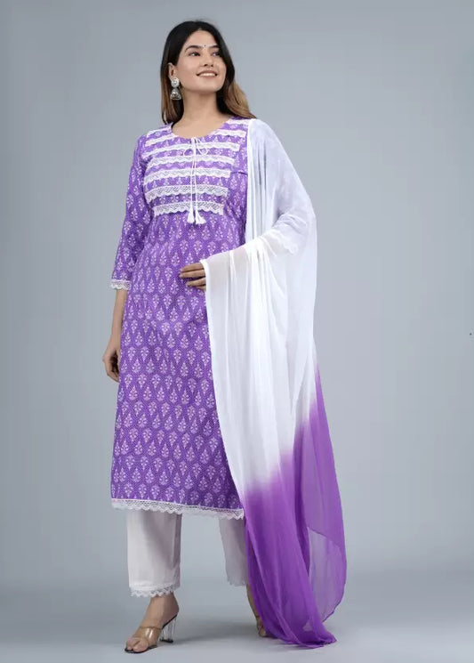 Women Purple & White Viscose Rayon Kurta Pant And Dupatta Set