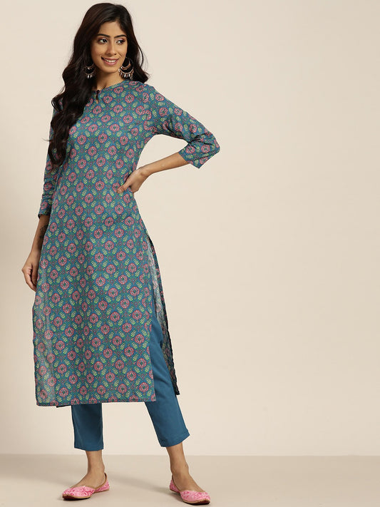 Women Teal Blue & Pink Motifs Print Pure Cotton Straight Kurta with Trousers