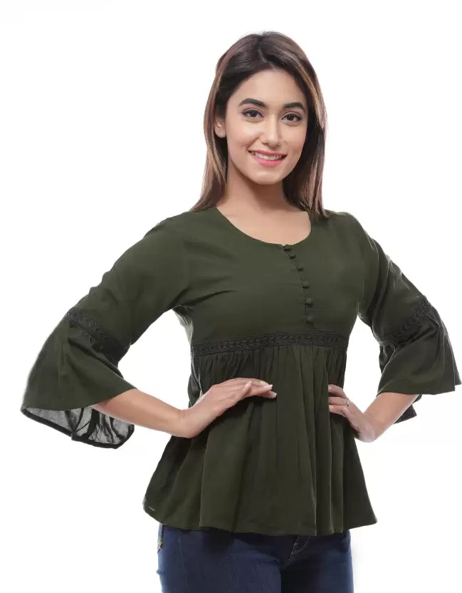 Casual Regular Sleeves Embroidered Women Green Top