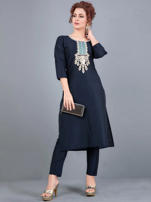 Women Navy Blue Silk Blend Embroidered Kurta set