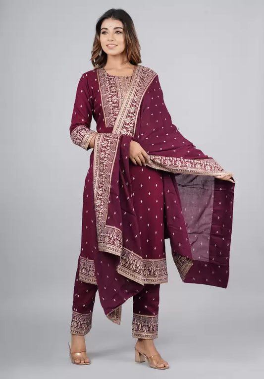 Women Wine Viscose Rayon Printed Kurta set
