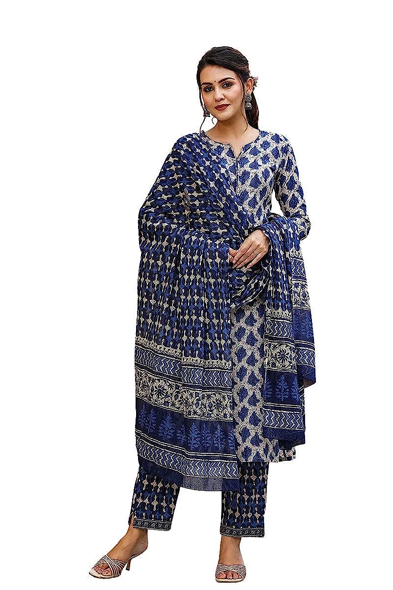 Women's Cotton Blend Floral Block Printed Straight Kurta Pant with Dupatta Set