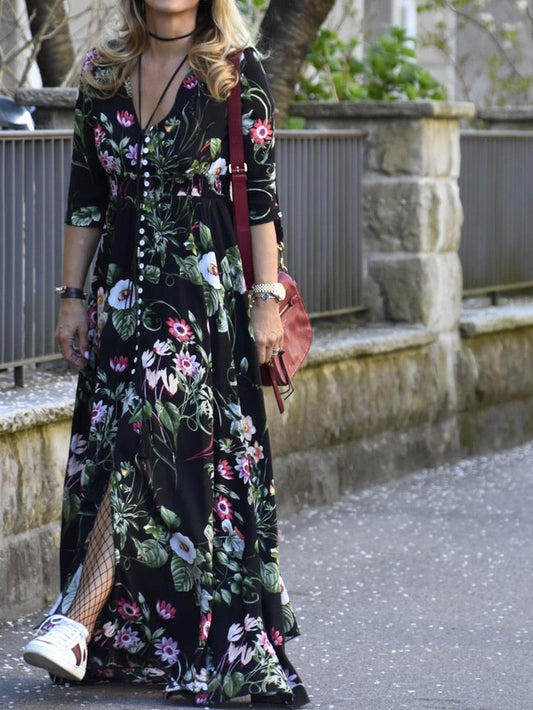 Smocked Waist Button Through Floral Maxi Dress