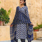 Women's Cotton Blend Floral Block Printed Straight Kurta Pant with Dupatta Set