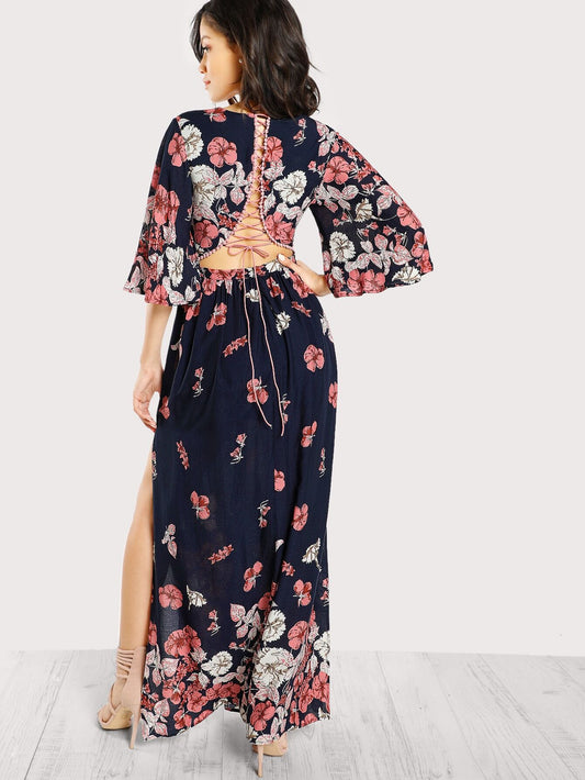 Lace Up Back Plunge Neck Split Floral Dress