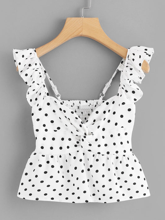 Twist Front Polka Dot Crop Peplum Top