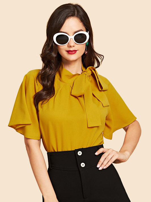 Flutter Sleeve Tie Front Stand Neck Blouse