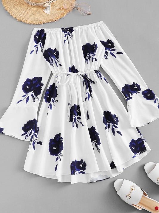 Flounce Sleeve Drawstring Waist Floral Dress