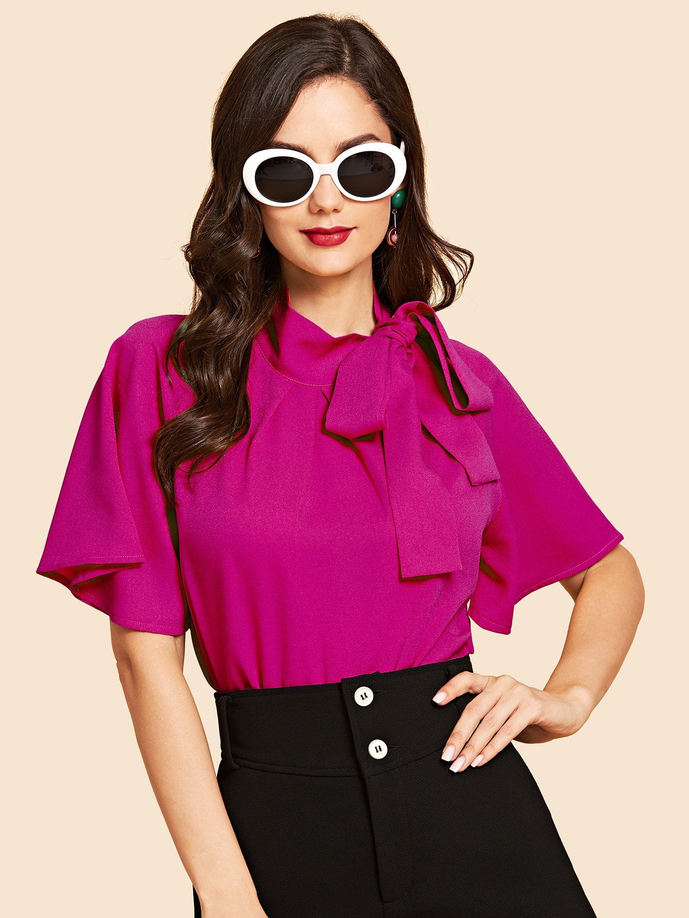 Flutter Sleeve Tie Front Stand Neck Blouse