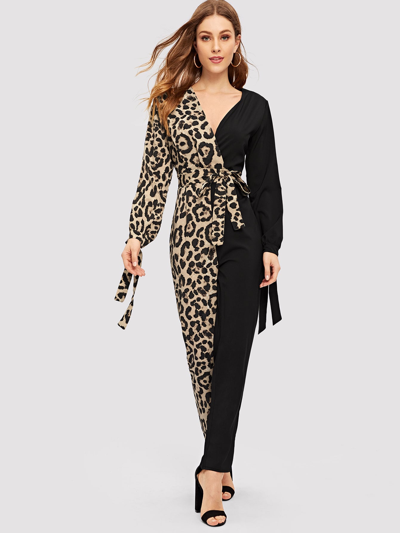 Contrast Leopard Print Belted Jumpsuit