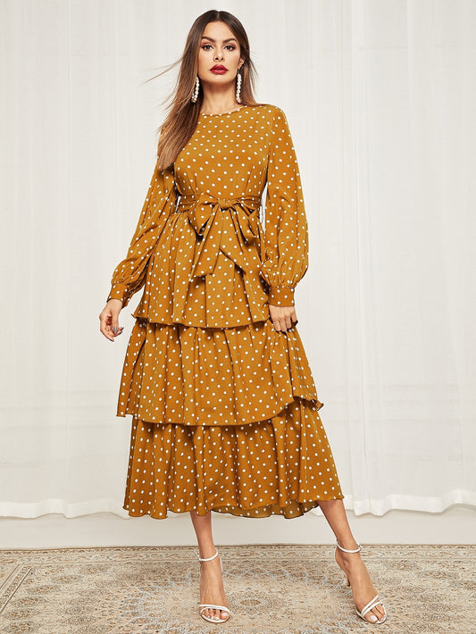 Polka Dot Self Belted Layered Hem Dress Yellow