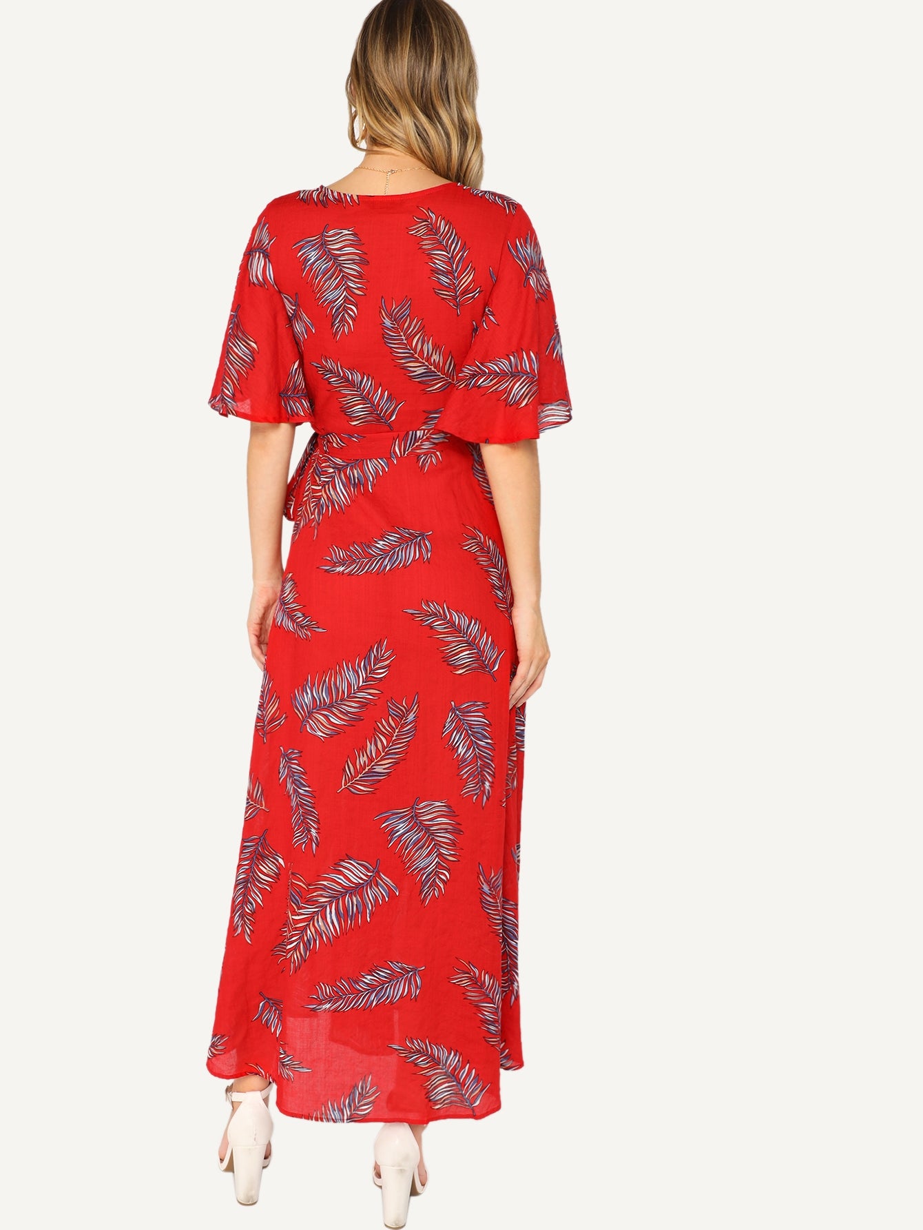 Surplice Wrap Knot Leaves Print Dress | Amy's Cart Singapore