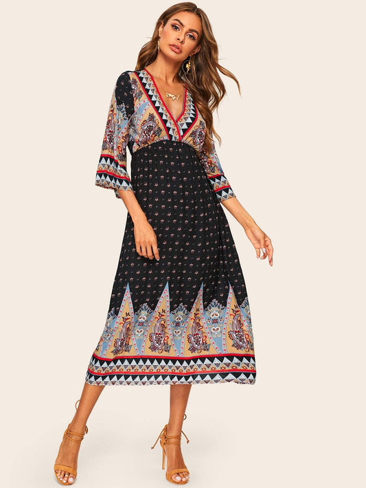 Tribal Print Bell Sleeve Surplice Wrap Dress | Amy's Cart Singapore