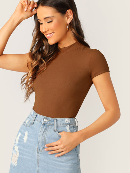 Mock-Neck Rib-knit Form Fitted Top