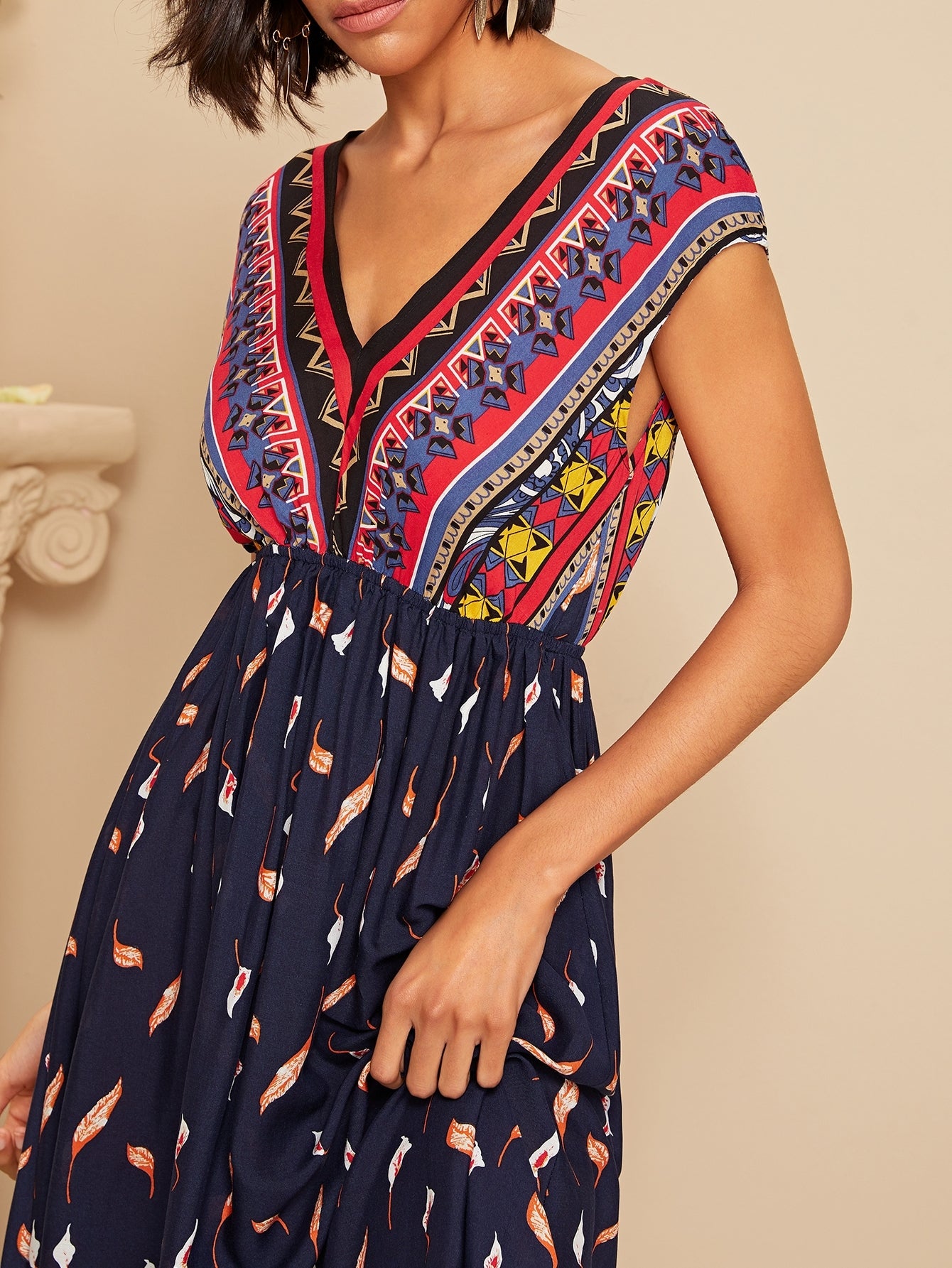 V Neck Allover Printed Fit & Flare Maxi Dress | Amy's Cart Singapore