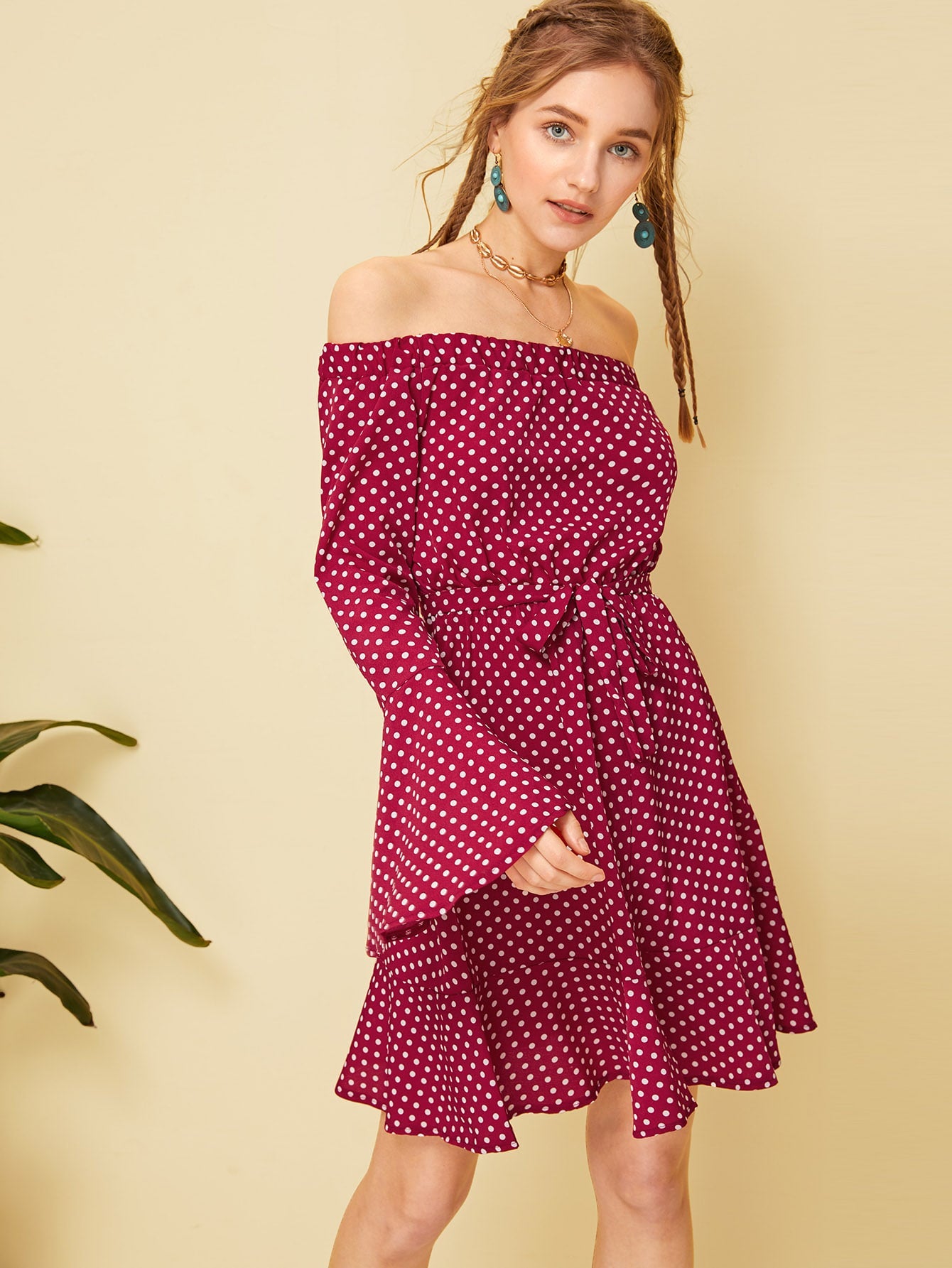 Polka Dot Print Flounce Sleeve Dress