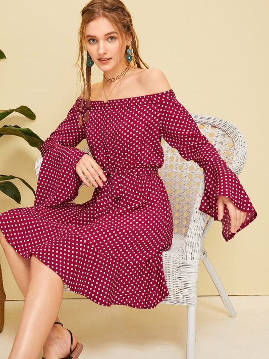 Polka Dot Print Flounce Sleeve Dress