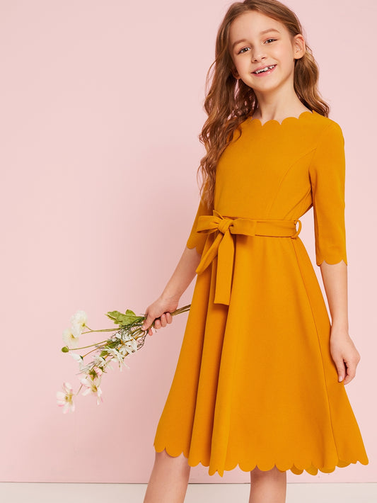 Girls Scallop Trim Belted Dress