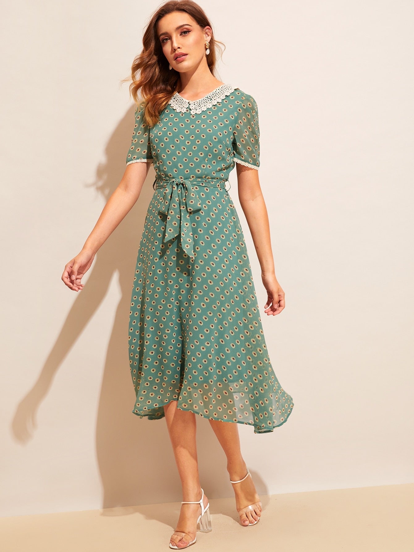 Allover Sunflower Print Lace Trim Belted Dress
