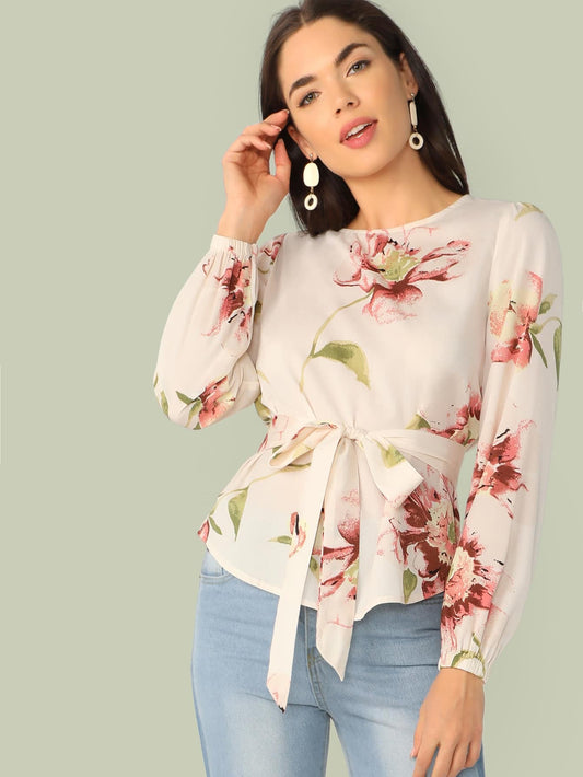 Floral Print Belted Curved Hem Blouse