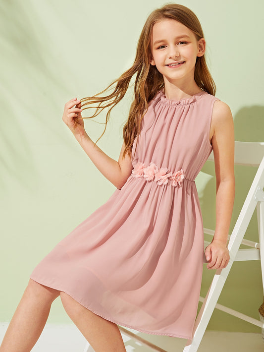 Girls Frill 3D Appliques Detail Gathered Dress