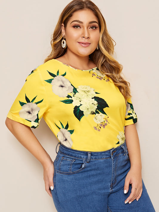 Plus Floral Print Cuffed Sleeve Top