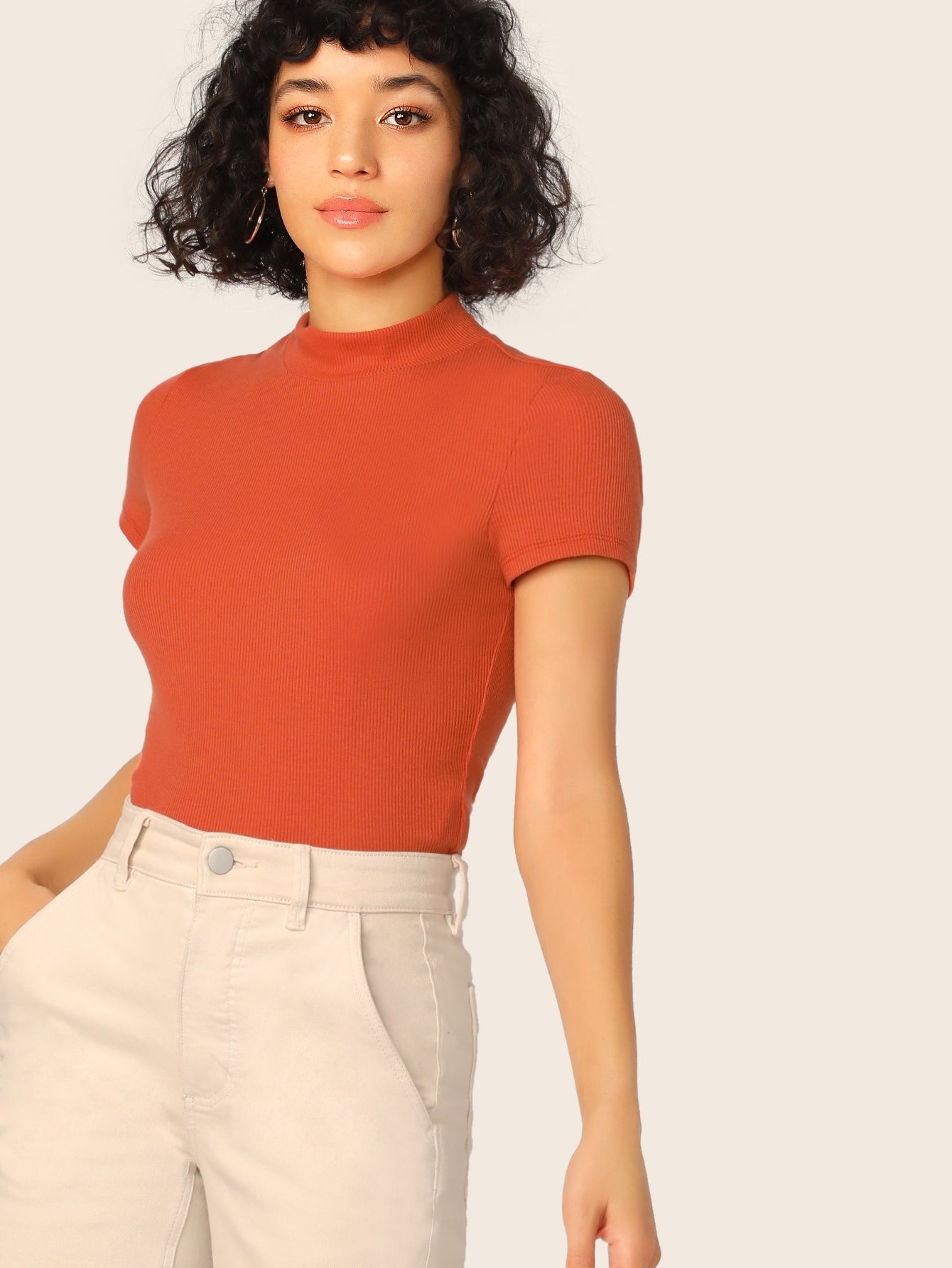 Mock-Neck Rib-knit Form Fitted Top