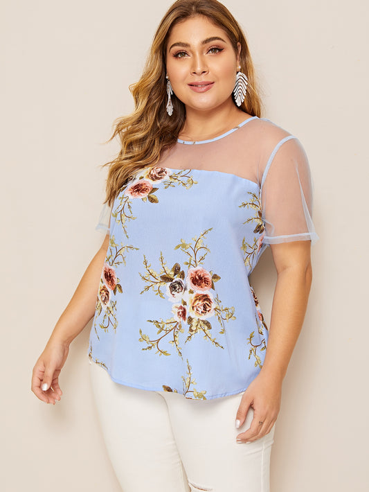 Plus Mesh Yoke Floral Print Top