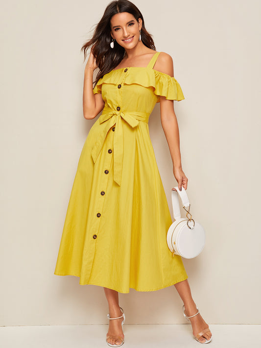 Flounce Foldover Button Front Self Belted Dress
