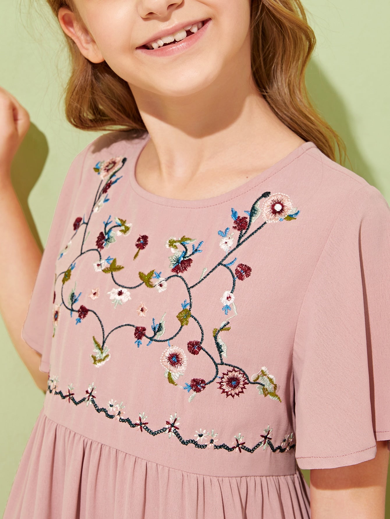 Girls Flutter Sleeve Embroidery Front Dress