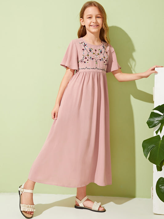 Girls Flutter Sleeve Embroidery Front Dress
