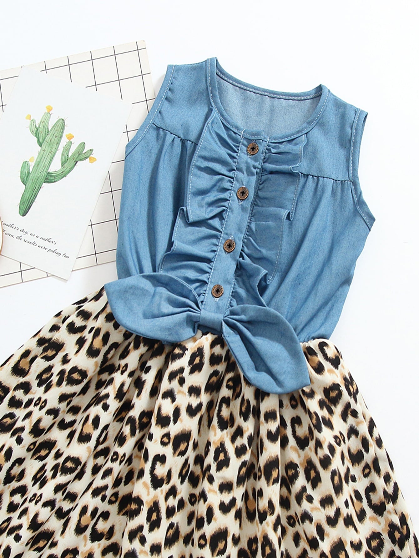Toddler Girls Leopard Panel Ruffle Trim Bow Detail Button Front Dress