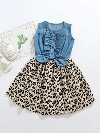 Toddler Girls Leopard Panel Ruffle Trim Bow Detail Button Front Dress