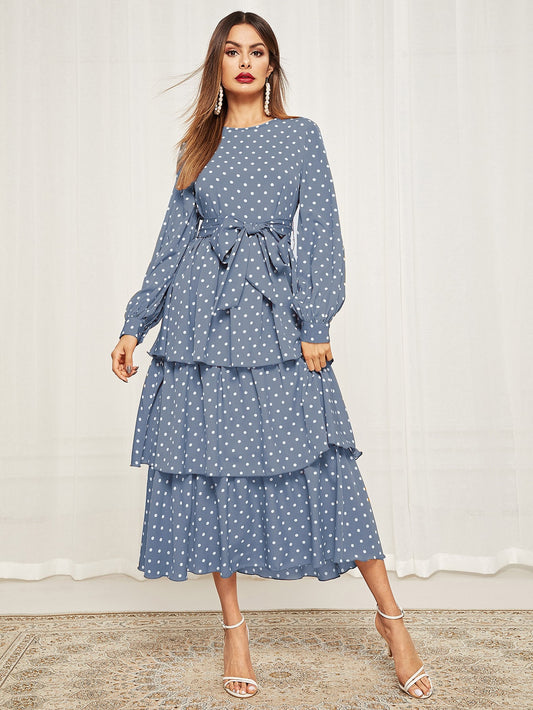 Polka Dot Self Belted Layered Hem Dress Blue