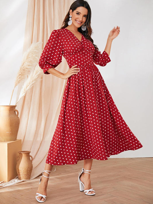 Polka Dot Wide Waistband Button Detail Dress