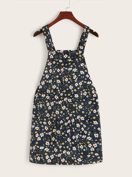 Pocket Patched Ditsy Floral Corduroy Dress