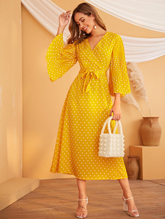 Polka Dot Bell Sleeve Belted Dress