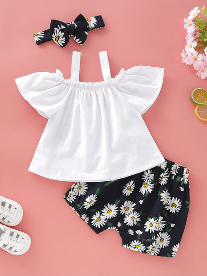 Baby Girl Frill Top & Allover Floral Print Shorts & Headband