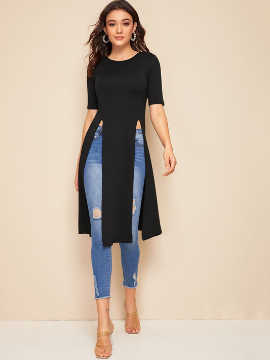 Solid Split Thigh Hem Tee