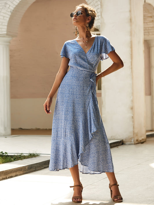 Surplice Neck Ditsy Floral Tie Front Ruffle Wrap Dress