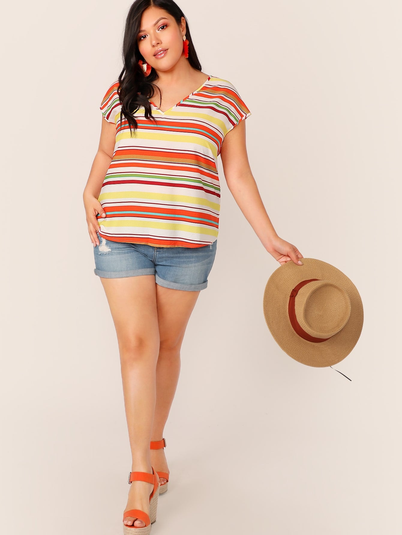 Plus Curved Colorful Striped Top