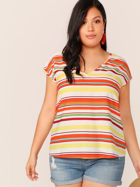 Plus Curved Colorful Striped Top
