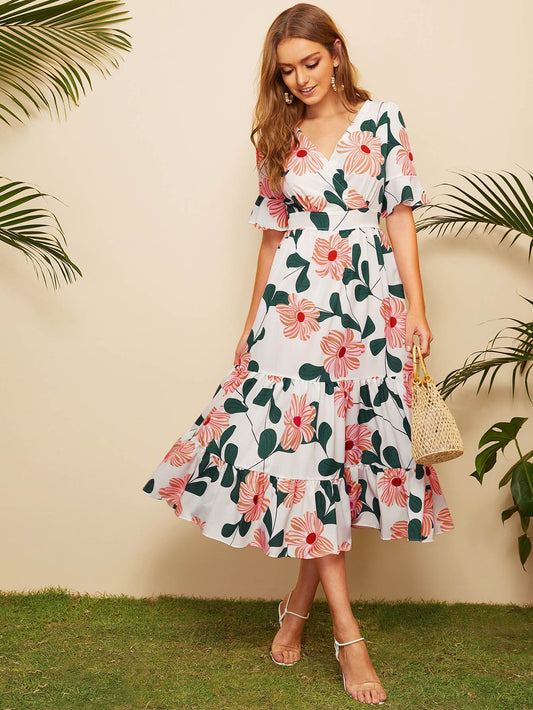 Surplice Floral Print Ruffle Hem Dress