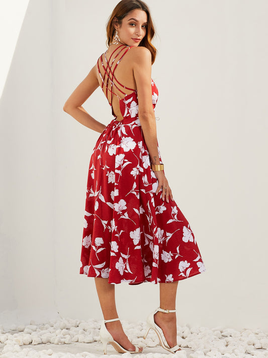 Floral Criss-cross Backless Bustier Dress