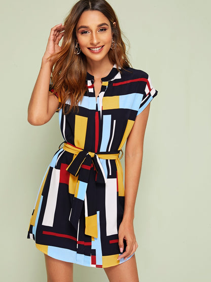 Notched Neck Belted Tunic Dress
