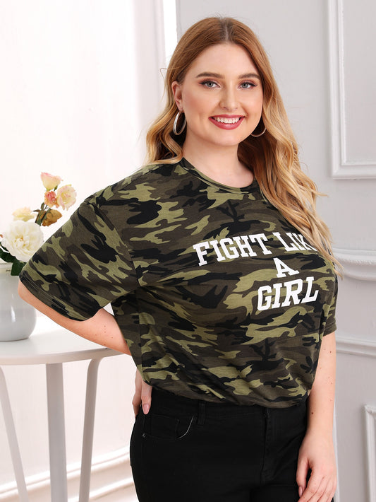 Plus Slogan and Camo Print Tee