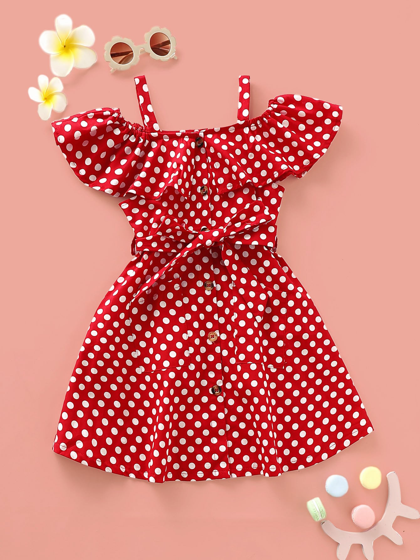 Toddler Girls Polka Dot Ruffle Trim Belted Dress