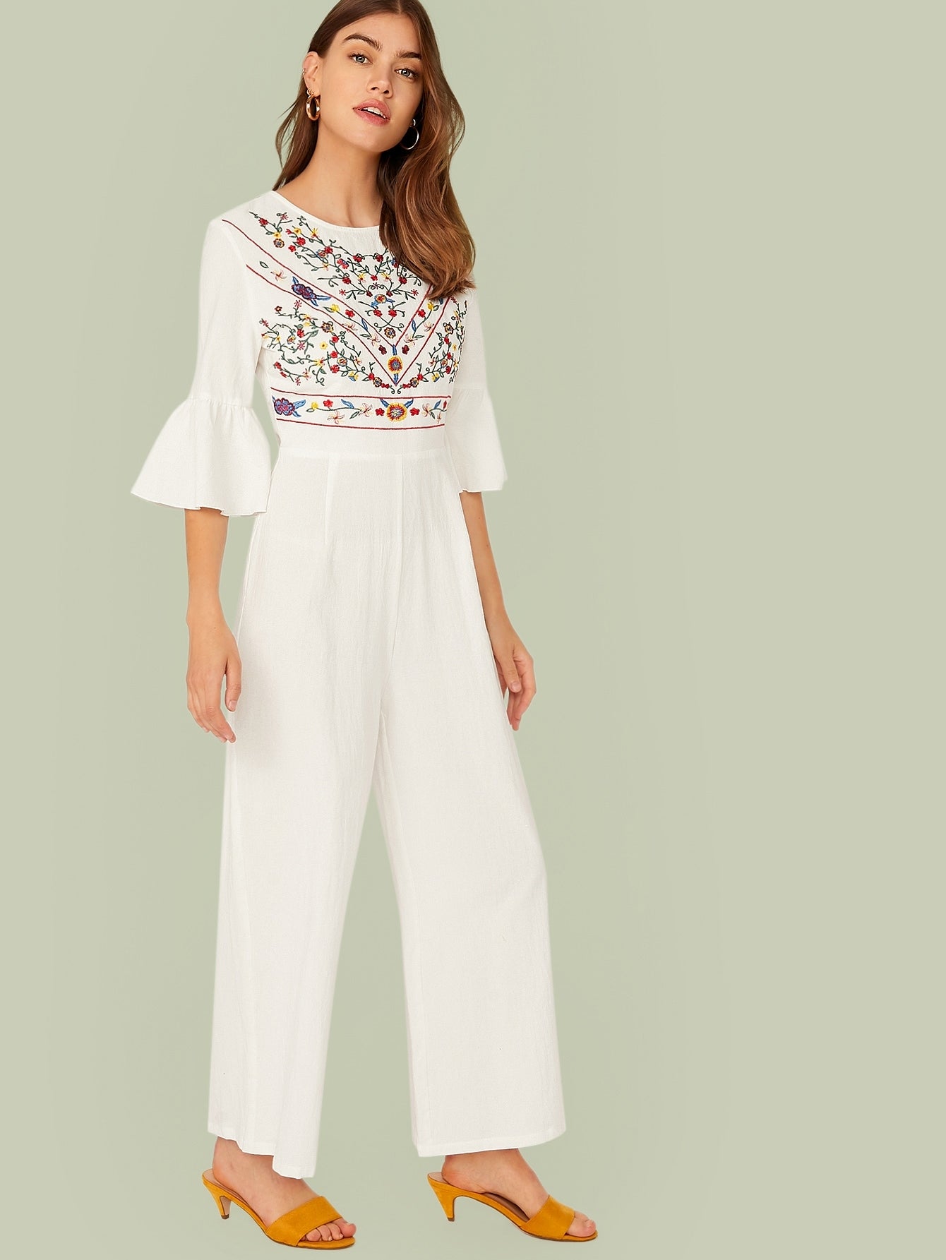Bell Sleeve Embroidery Detail Palazzo Jumpsuit
