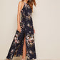 Botanical Print Tie Back High Split Halter Dress