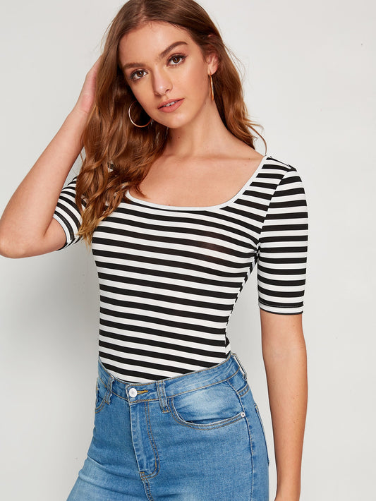 Striped Print Square Neck Slim Tee